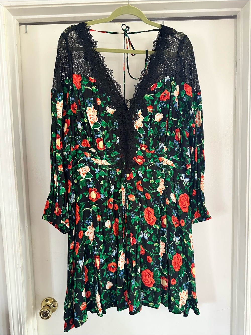 Anthropologie Black Floral Lace-Trim Long Sleeve Mini Dress